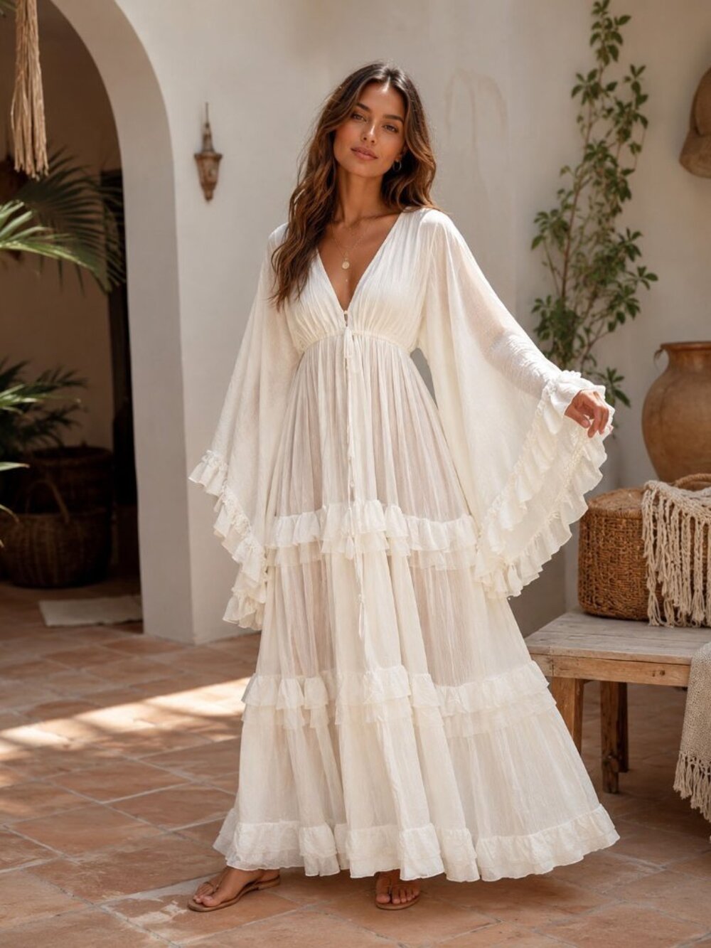 White Ruffle Vacation Beach Summer Womens Sundress Long Sleeve Maxi Dress S M L